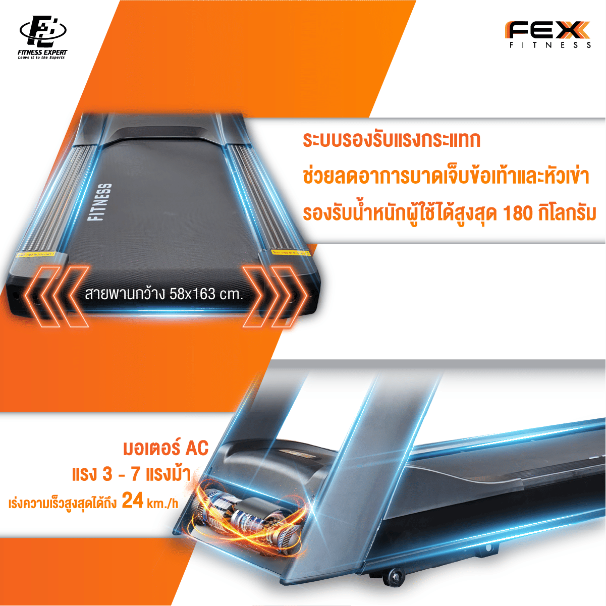 ลู่วิ่งไฟฟ้าเกรด COMMERCIAL FEX FITNESS - T6200 มอเตอร์ AC 7แรงม้า จอทัชสกรีน 18.5นิ้ว L FITNESS EXPERT_2
